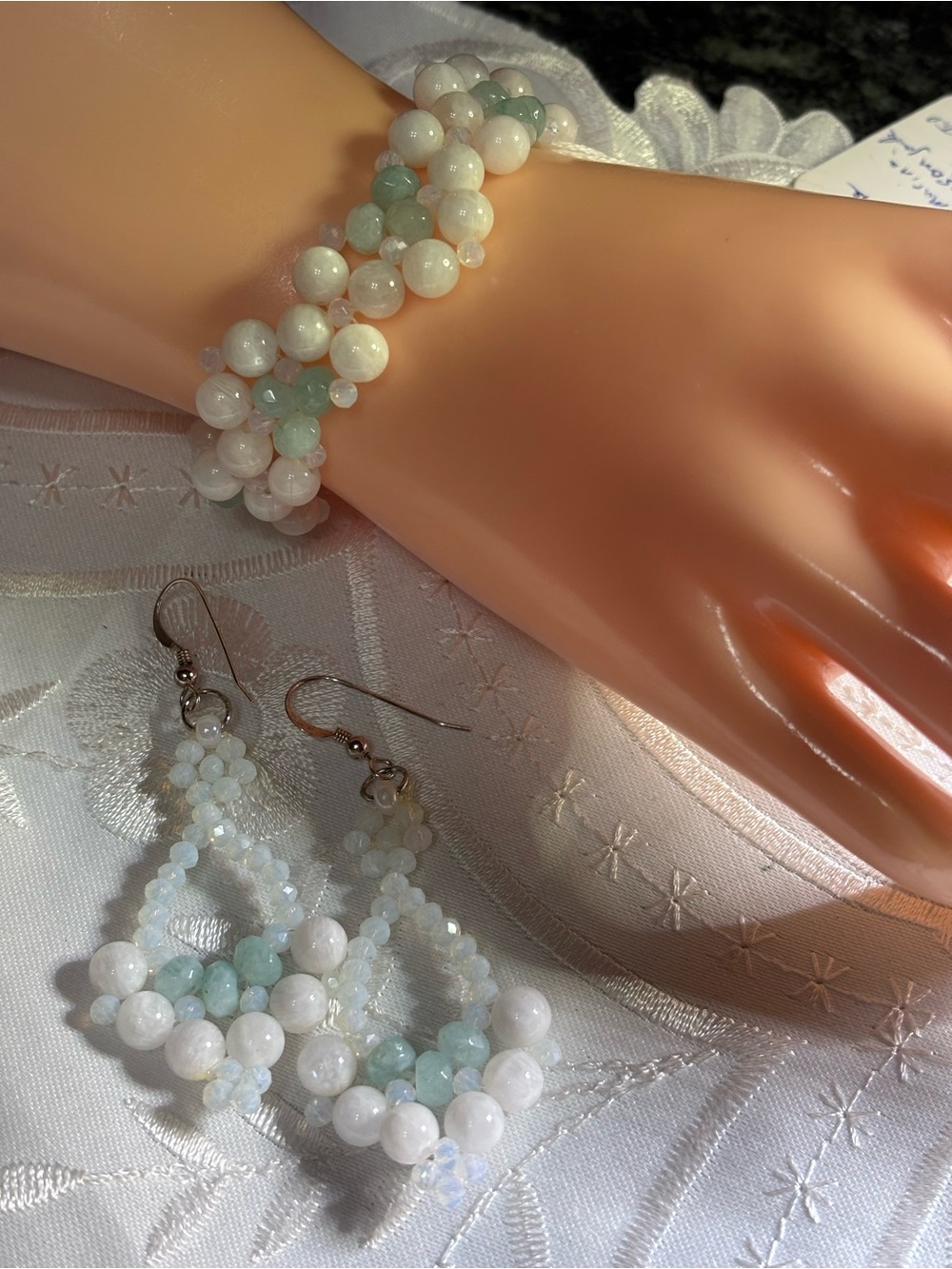 White moonstone beaded bracelet and earrings set with aquamarine jade accents